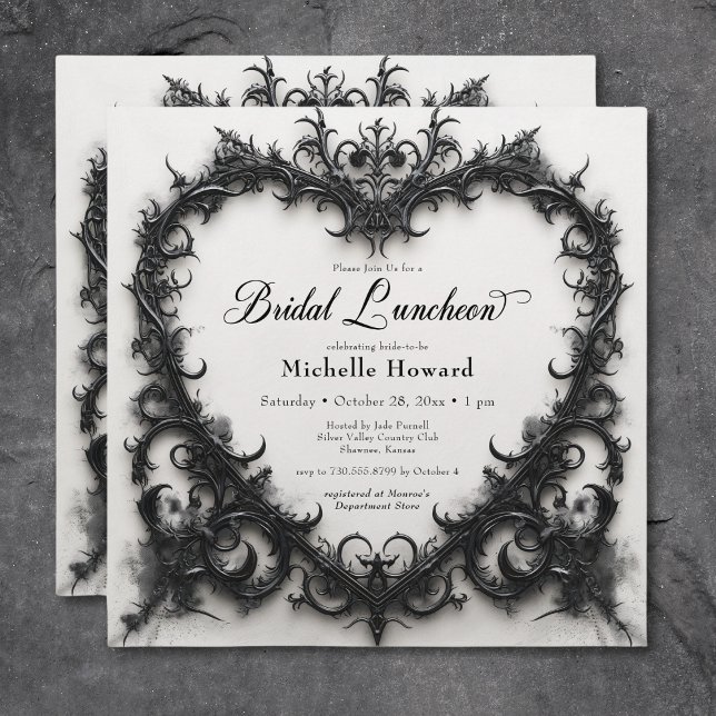 Gothic Black & White Filigree Herz Bridal Mittages Einladung (Gothic Black & White Filigree Heart Bridal Lunch Invitation)
