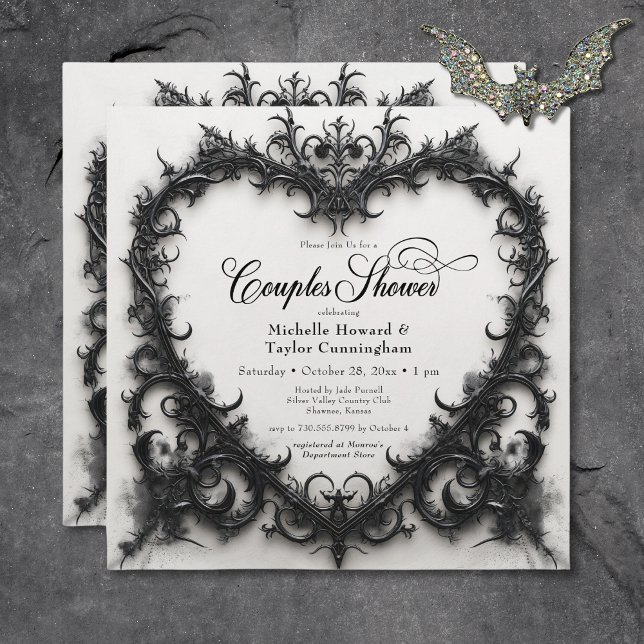 Gothic Black & White Filigree Herzendusche Einladung (Gothic Black & White Filigree Heart Couples Shower Invitation)