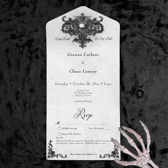 Gothic Black & White Halloween Filigree Kein Abend All In One Einladung (Gothic Black & White Halloween Filigree No Dinner All In One Invitation)