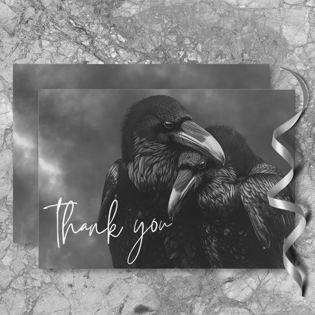 Gothic Black & White Raven Embrace Wedding Dankeskarte (Gothic Black & White Raven Embrace Wedding Thank You Card)