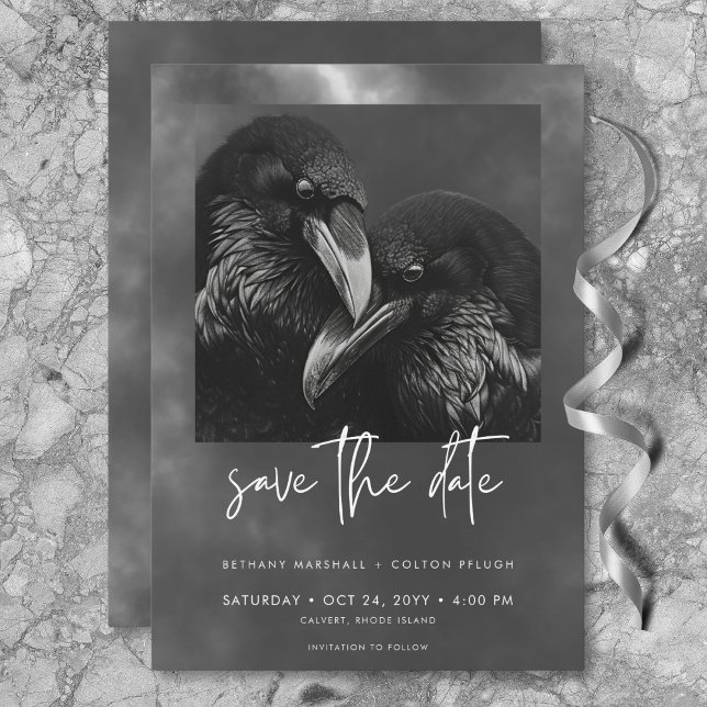 Gothic Black & White Raven Embrace Wedding Save The Date (Gothic Black & White Raven Embrace Wedding Save The Date)