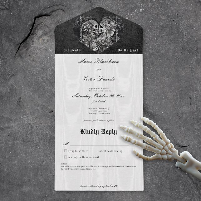 Gothic Black & White Skeleton Couple No Dinner All In One Einladung (Gothic Black & White Skeleton Couple No Dinner All In One Invitation)