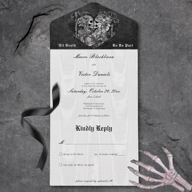 Gothic Black & White Skeleton Couple No Dinner All In One Einladung (Gothic Black & White Skeleton Couple No Dinner All In One Invitation)