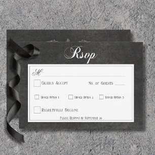 Gothic Black & White Skulls & Heart Wedding Dinner RSVP Karte