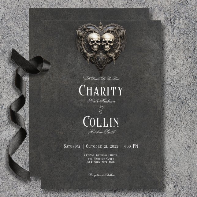 Gothic Black & White Skulls & Heart Wedding Einladung (Gothic Black & White Skulls & Heart Wedding Invitation)