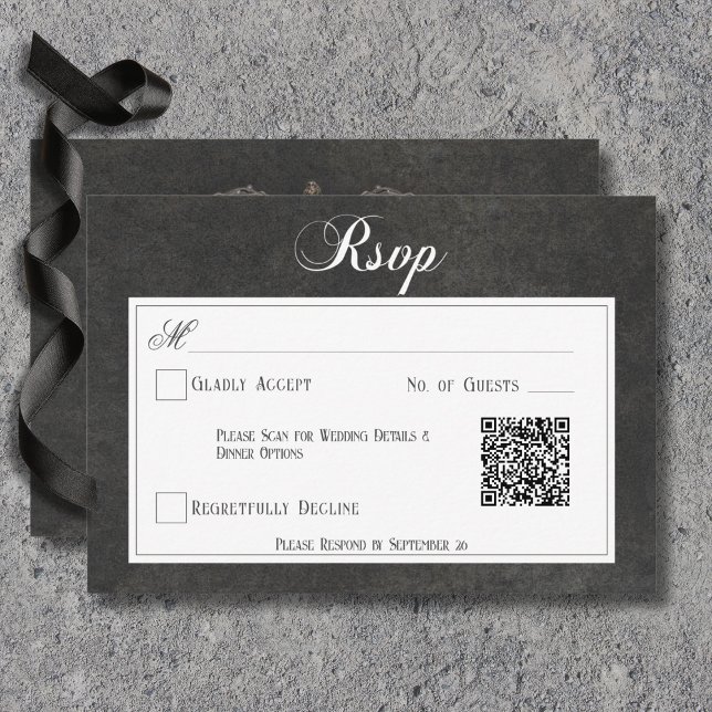 Gothic Black & White Skulls Herz Hochzeit QR Code RSVP Karte (Gothic Black & White Skulls & Heart Wedding Response Card with QR Code)