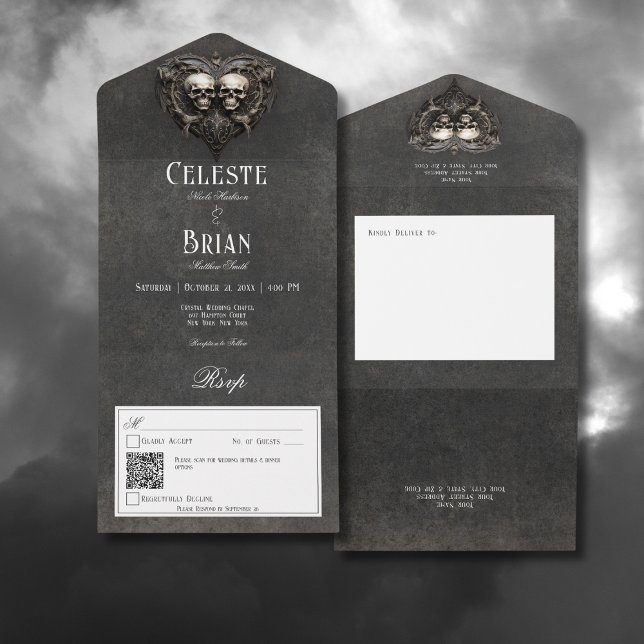 Gothic Black & White Skulls & Herz QR Code All In One Einladung (Gothic Black & White Skulls & Heart All In One Wedding Invitation with QR Code)