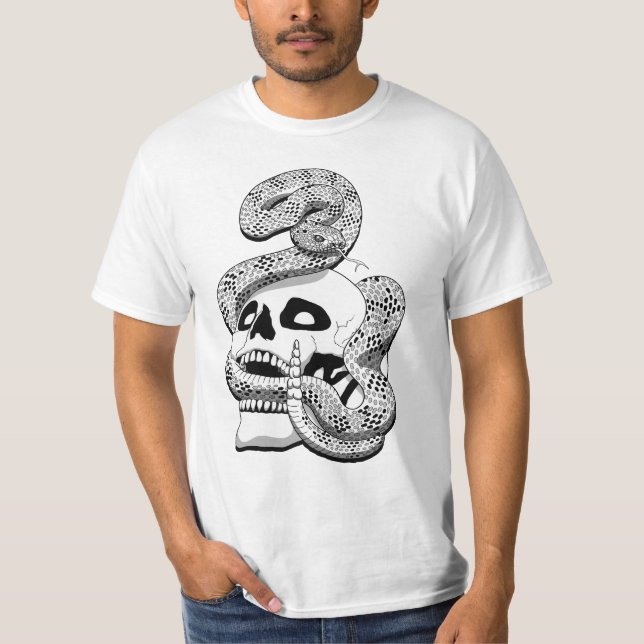 Gothic Black & White Snake und Skull Dark Art T-Shirt (Vorderseite)