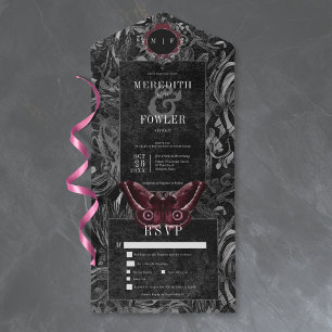 Gothic Black Wine Filigree Motten Hochzeitsessen All In One Einladung