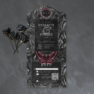 Gothic Black Wine Filigree Motten-QR-Code-Hochzeit All In One Einladung