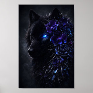Gothic Black Wolf Leuchtendes Blaues Auge Lila Blü Poster