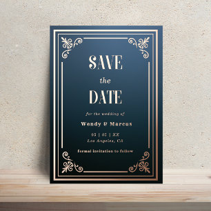 Gothic Blau & Roségold Save-the-Date-Karte Folieneinladung