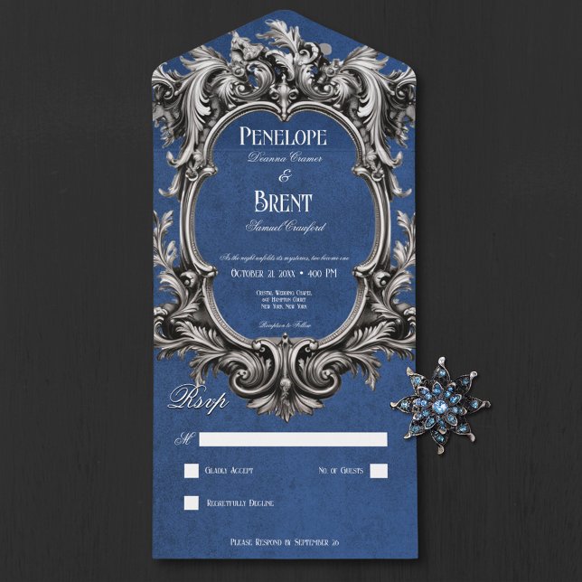 Gothic Blue Moody Viktorianisch Frame No Dinner All In One Einladung (Gothic Blue Moody Victorian Frame No Dinner All In One Invitation)