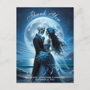 Gothic Blue Skelett Brautpaar Hochzeit Danke Postkarte
