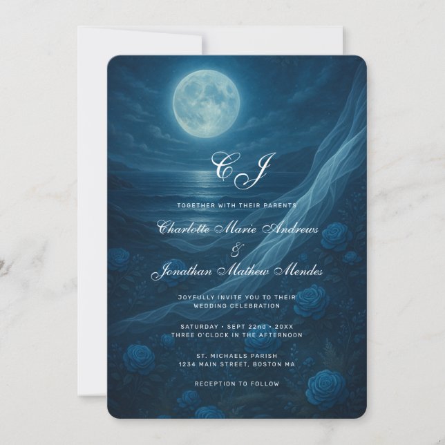 Gothic Blue Skelett Paar Strand Mond Hochzeit Einladung (Vorderseite)