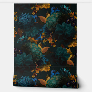 Gothic Blue und Yellow Bold Moody Florals Wallpape Tapete