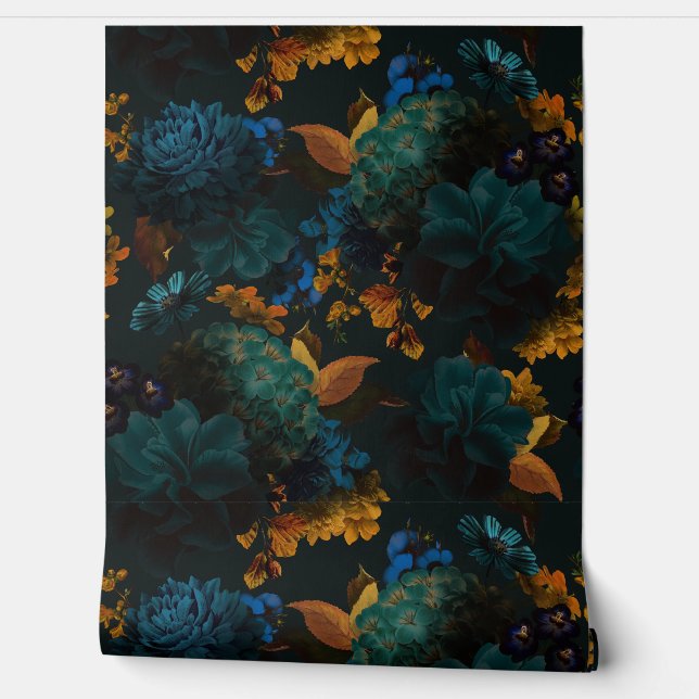 Gothic Blue und Yellow Bold Moody Florals Wallpape Tapete (Abrollen)