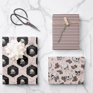 Gothic Blush Pink Skulls and Stripes Halloween Geschenkpapier Set