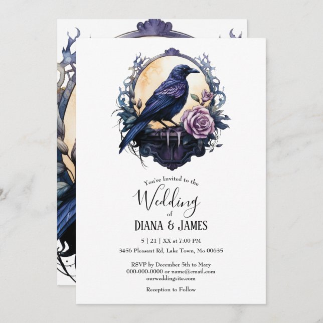 Gothic Boho Floral Raven & Rose  Wedding Einladung (Vorne/Hinten)