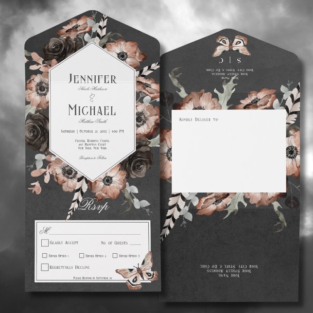 Gothic Boho Moth Black & Brown Floral Dinner All In One Einladung (Gothic Boho Moth Black & Brown Floral All In One Wedding Invitation with Dinner Options)