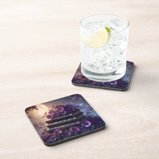 Gothic Book Purple Floral Getränkeuntersetzer (Rechte Seite)