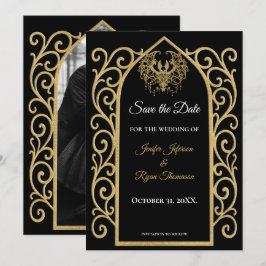 Gothic border black and gold wedding save the date ankündigung