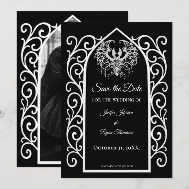 Gothic border black and white wedding save the dat ankündigung (Vorne/Hinten)
