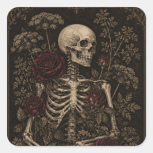 Gothic-Botanischer-Skelett-Victorianische-Radierun Quadratischer Aufkleber