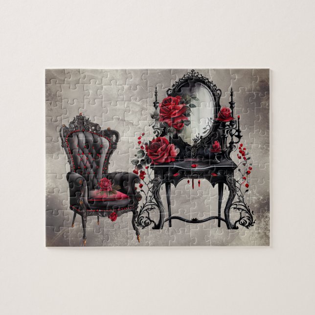 Gothic Boudoir | Antike Vanity mit Polsterstuhl Puzzle (Horizontal)