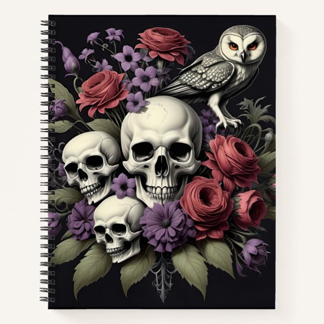 Gothic Bouquet with 3 Skulls and an Owl Notizbuch (Vorderseite)