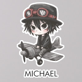 Gothic Boy Pilot flies Airplane Personalized Anime Aufkleber