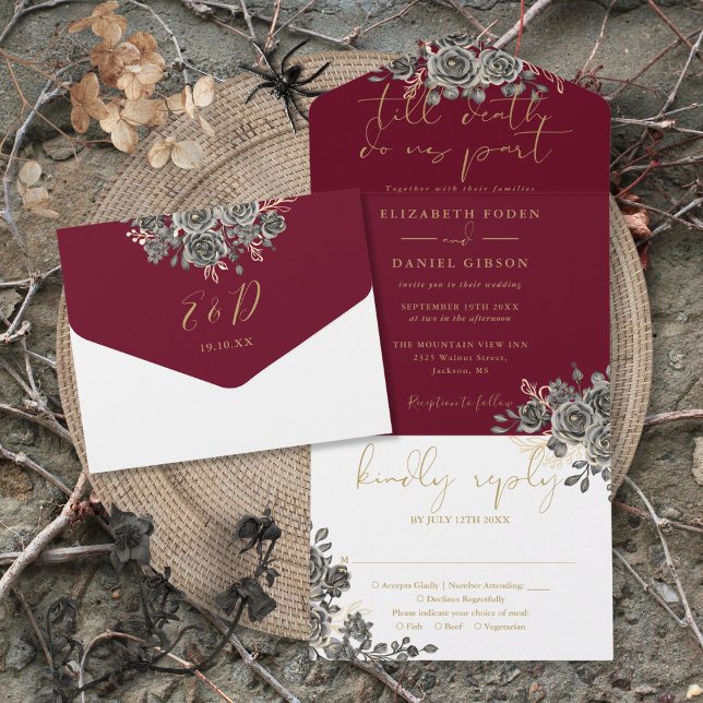 Gothic Burgundy Rot und Schwarz Rose Blumenhochzei All In One Einladung (Gothic Burgundy Red And Black Roses Floral Wedding All In One Invitation)