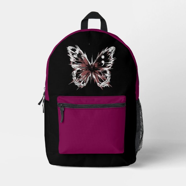 Gothic Butterfly Black und Magenta Backpack Bedruckter Rucksack (Vorderseite)
