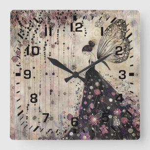 Gothic Butterfly Fairy im schwarzen Garten Quadratische Wanduhr