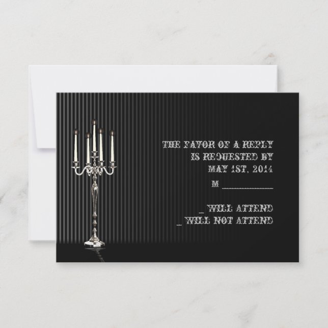 Gothic Candelabra auf Black Silver Stripe Response RSVP Karte (Vorderseite)