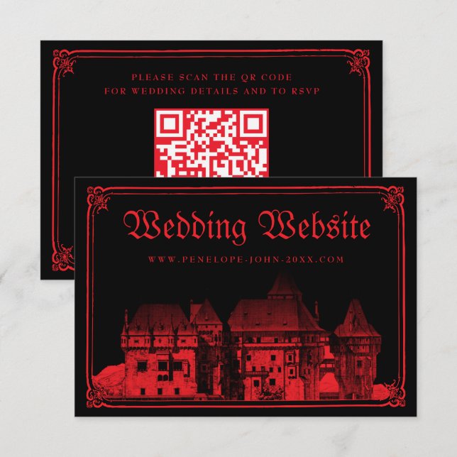 Gothic Castle Border Black Red Wedding Website Begleitkarte (Vorne/Hinten)