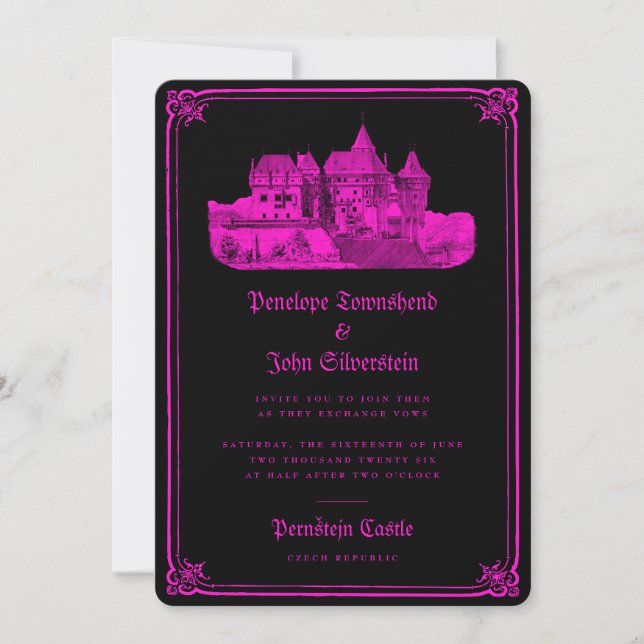 Gothic Castle Border Hot Pink Black Wedge Einladung (Vorderseite)