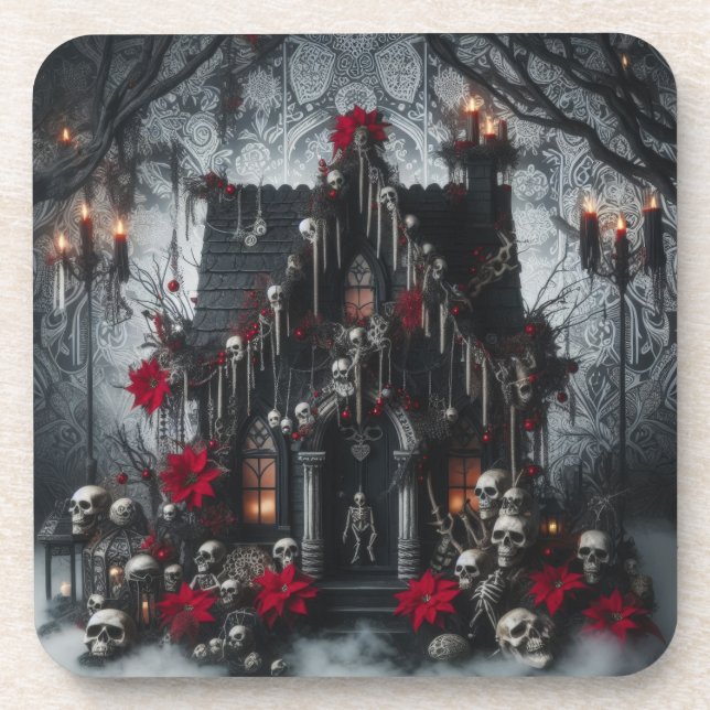 Gothic Castle Nacht mit Totenköpfen, Kerzen Dunkel Getränkeuntersetzer (Vorderseite)