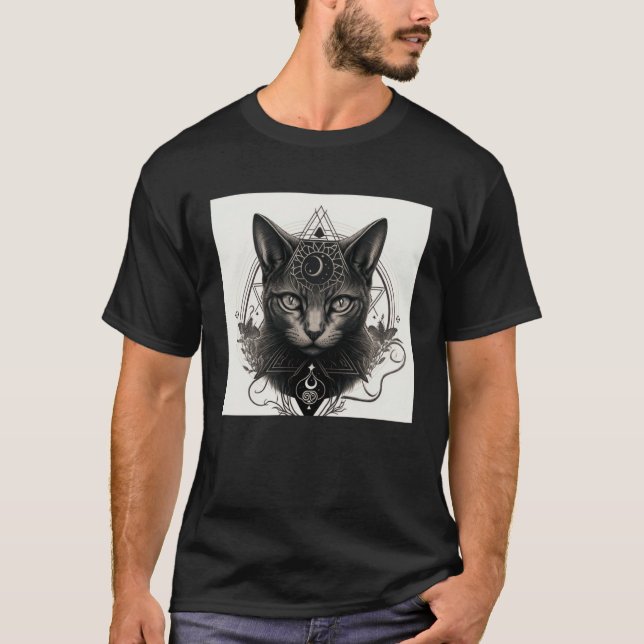 Gothic Cat with Wiccan and Occult Symbols T-Shirt (Vorderseite)
