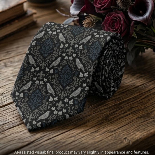 Gothic Charcoal Black Damast Rabe Krawatte (Rolled gothic raven damask tie next to a dark rose bouquet for an alternative groom's wedding.)