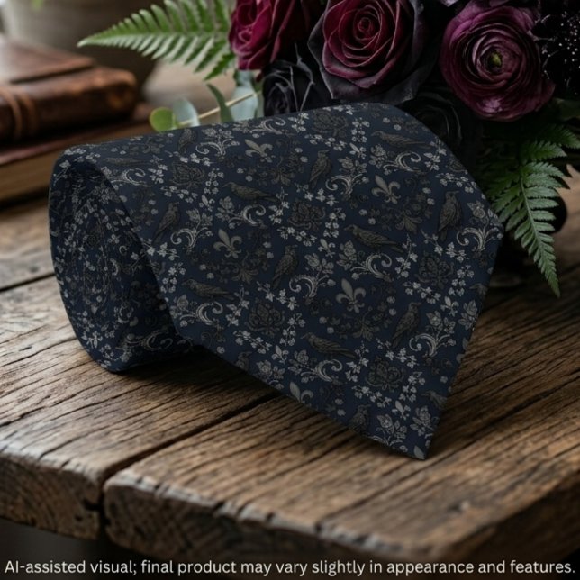Gothic Charcoal Schwarz Damast Raben Design Krawatte (Rolled charcoal raven damask tie and dark bouquet for a gothic groom's moody wedding day.)