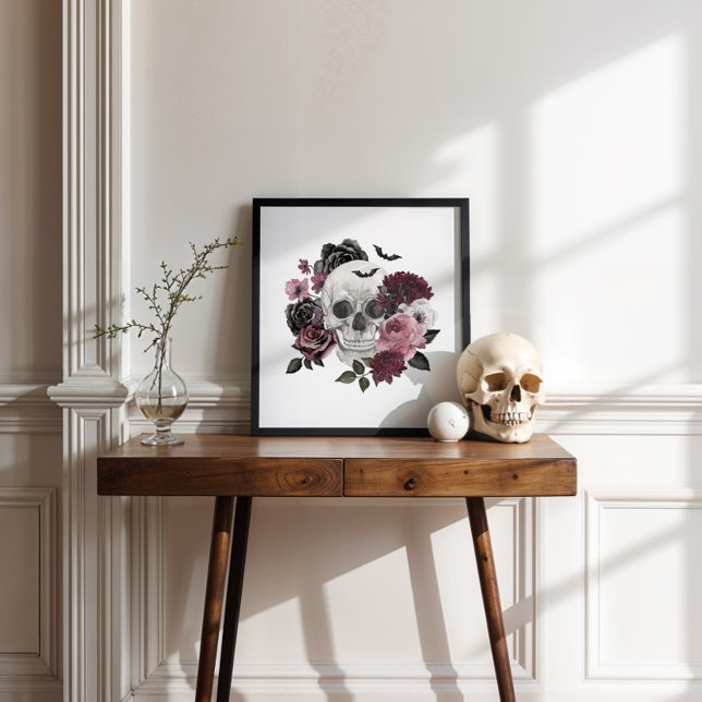 Gothic Chic Watercolor Blues Skelett Skelett Skull Poster (Gothic Chic Watercolor Floral Human Skeleton Skull Poster)
