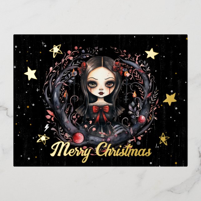 Gothic Christmas Girl Folien Feiertagspostkarte (Vorderseite)