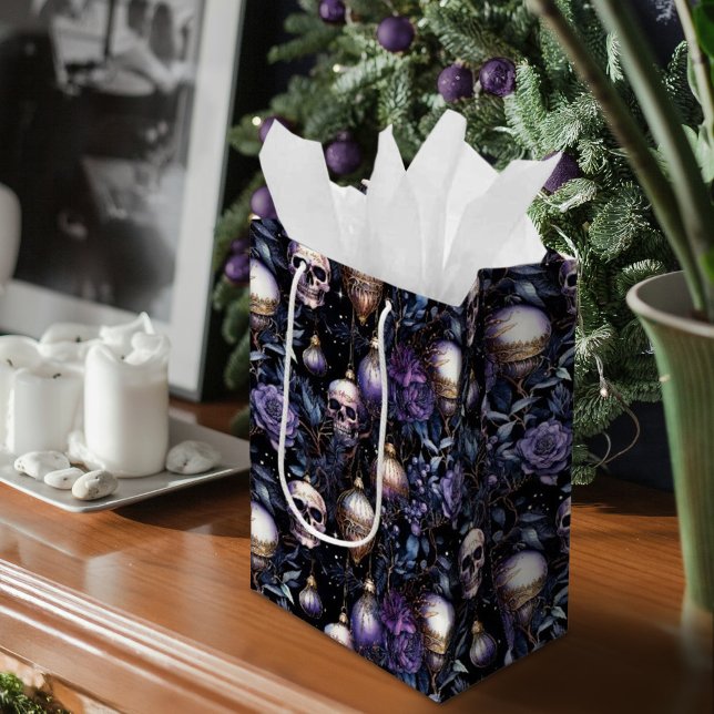 Gothic Christmas Tree Skulls Black & Lila Mittlere Geschenktüte (Gothic Christmas Tree Skulls Black & Purple Medium Gift Bag)
