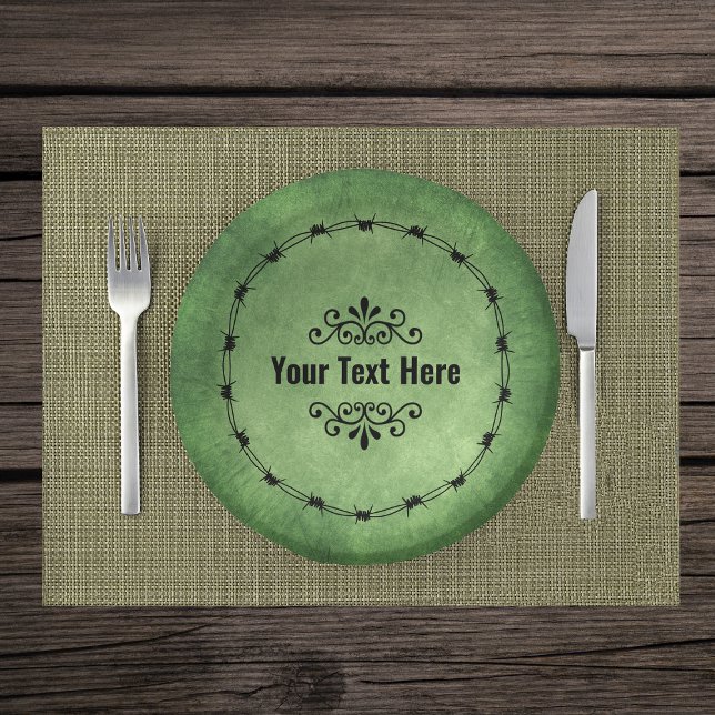 Gothic Circle Black Barbed Wire Scrolls auf Green Pappteller (Gothic circle black barbed wire ornate black scrolls on grungy green paper party bowls.)