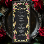Gothic Coffin Rose Black Wedding Menu Menükarte<br><div class="desc">Fügen Sie Ihrem Fest eine Touch gotischer Eleganz hinzu, mit diesen Hochzeitsmenüs, die einen särgerförmigen Rahmen mit Dornen, Rose und Goldakzenten vor schwarzem Hintergrund aufweisen. Ideal für ein romantisches Abendessen! Personalisieren Sie Text, Schriftart und Hintergrundfarbe, um Ihre Designeinstellungen Anzug zu erhalten. Matching Items in unserem Shop für ein komplettes Party...</div>