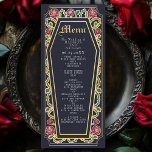 Gothic Coffin Rose Blue Wedding Menu Menükarte<br><div class="desc">Fügen Sie Ihrem Fest eine Touch gotischer Eleganz hinzu, mit diesen Hochzeitsmenüs, die einen särgerförmigen Rahmen mit Dornen, Rose und Goldakzenten vor tiefblauem Hintergrund aufweisen. Ideal für ein romantisches Abendessen! Personalisieren Sie Text, Schriftart und Hintergrundfarbe, um Ihre Designeinstellungen Anzug zu erhalten. Matching Items in unserem Shop für ein komplettes Party...</div>