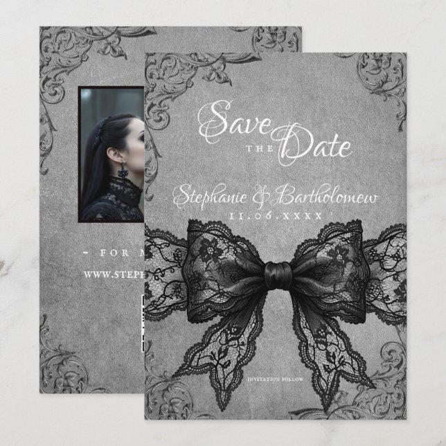 Gothic Coquette Black Lace Bow Photo Save The Date (Vorne/Hinten)