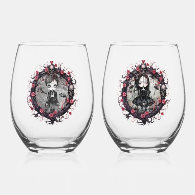 Gothic Couple Skulls und Rose Weinglas Ohne Stiel (Vorderseite)