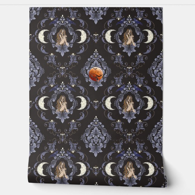 Gothic Crescent Moon Maiden Blue Damask Tapete (Abrollen)